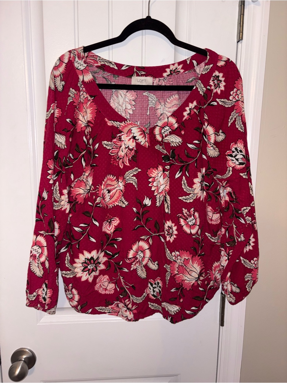 LOFT Raspberry Floral Scoop-Neck Blouse